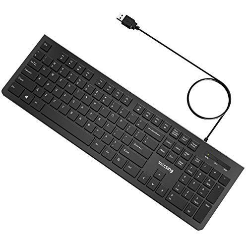 VicTsing Teclado con Cable para Windows/Mac, Llaves Chiclet para(Español QWERTY), Teclado de PC USB, Resistante a Líquido, Barra Espaciadora Curvada, Tamaño clásico, PC/Portátil(Negro)
