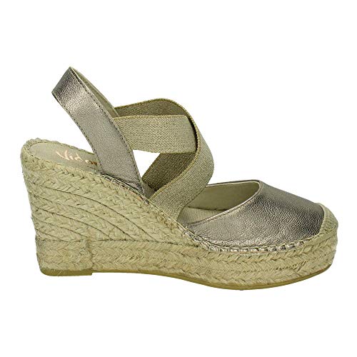 Vidorreta - Alpargata Cuña Esparto Piel Napa Metal Dorado Elásticos para: Mujer Color: marrón Talla: 37