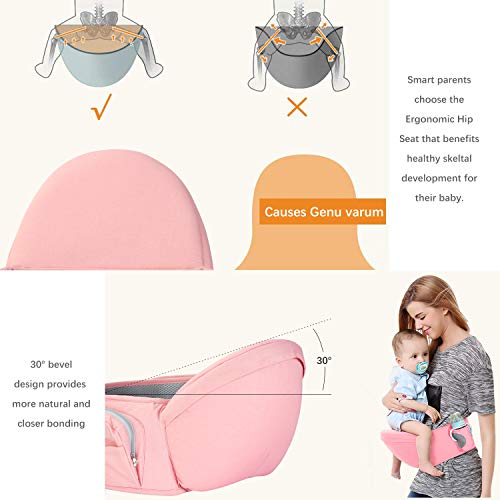 Viedouce Portabebé Ergonómico Asiento de Cadera,con Protección del Cinturón la Seguridad,Algodón Puro Ligero,Taburete de Cintura de Posición Múltiple por Bebé Niños 6-36 Meses(Rosado)