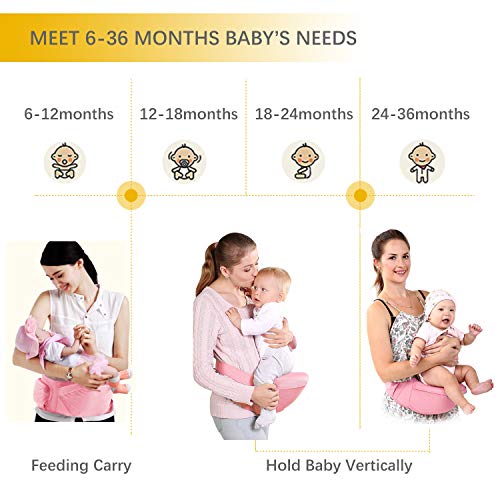 Viedouce Portabebé Ergonómico Asiento de Cadera,con Protección del Cinturón la Seguridad,Algodón Puro Ligero,Taburete de Cintura de Posición Múltiple por Bebé Niños 6-36 Meses(Rosado)