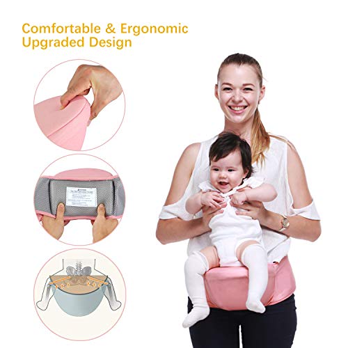 Viedouce Portabebé Ergonómico Asiento de Cadera,con Protección del Cinturón la Seguridad,Algodón Puro Ligero,Taburete de Cintura de Posición Múltiple por Bebé Niños 6-36 Meses(Rosado)