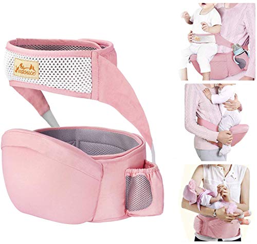 Viedouce Portabebé Ergonómico Asiento de Cadera,con Protección del Cinturón la Seguridad,Algodón Puro Ligero,Taburete de Cintura de Posición Múltiple por Bebé Niños 6-36 Meses(Rosado)