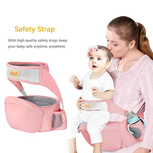 Viedouce Portabebé Ergonómico Asiento de Cadera,con Protección del Cinturón la Seguridad,Algodón Puro Ligero,Taburete de Cintura de Posición Múltiple por Bebé Niños 6-36 Meses(Rosado)