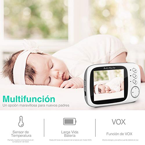 Vigilabebés Inalambrico con Cámara, BOIFUN Monitor de Bebé Inteligente con Pantalla LCD de 3.2", VOX, Visión Nocturna, Monitoreo de Temperatura, Despertador, Comunicación Bidireccional, Recargable