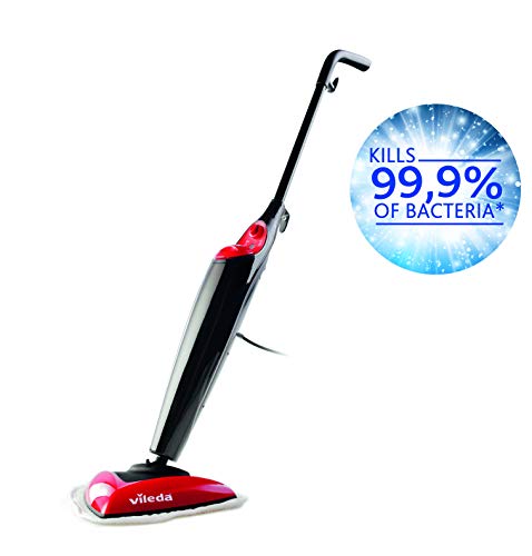 Vileda Steam - Mopa a vapor con cabezal triangular, mopa eléctrica ligera con cable de 6 m, apta para suelos duros y moquetas, color rojo y negro