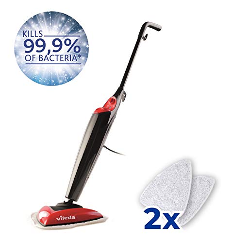 Vileda Steam - Mopa a vapor con cabezal triangular, mopa eléctrica ligera con cable de 6 m, apta para suelos duros y moquetas, color rojo y negro