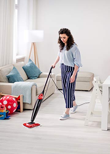 Vileda Steam - Mopa a vapor con cabezal triangular, mopa eléctrica ligera con cable de 6 m, apta para suelos duros y moquetas, color rojo y negro