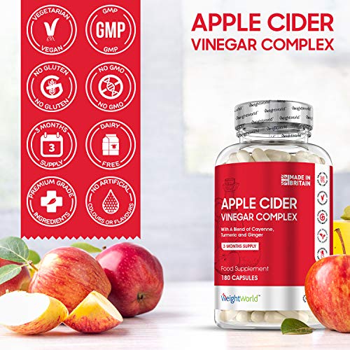 Vinagre de Sidra de Manzana 1000mg 180 Cápsulas - Suplemento Para Perder Peso, Con Cúrcuma, Jengibre y Pimienta de Cayena, Mejora Digestión, Quemagrasas Natural, Para Adelgazar Dieta Keto, Vegano