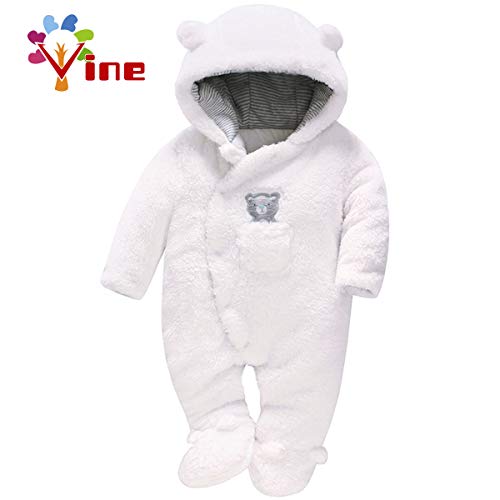 Vine Traje de Nieve Bebé Ropa de Invierno Footed Peleles Mameluco con Capucha Cálido Monos para Niños Niñas, Blanco 0-3 Meses