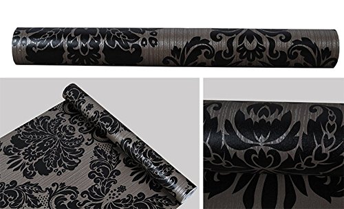 Vinilo autoadhesivo papel de contacto decorativo de Damasco Negro para armarios puerta Victoriano cajón Dresser vinilo adhesivo de pared (45 x 500 cm)