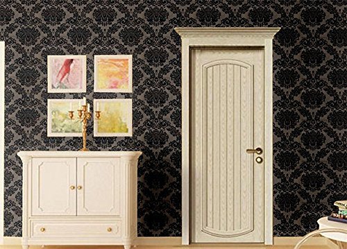 Vinilo autoadhesivo papel de contacto decorativo de Damasco Negro para armarios puerta Victoriano cajón Dresser vinilo adhesivo de pared (45 x 500 cm)