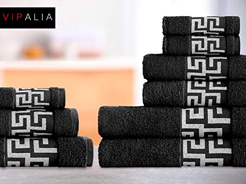 Vipalia Juego de Toallas de Baño 3 Piezas. Calidad Rizo 100% Algodón Egipcio 600 gr. Lisas. 3 Tamaños Tocador Lavabo y Ducha Sabana. Cenefa Dibujo Cesar. Color Negro