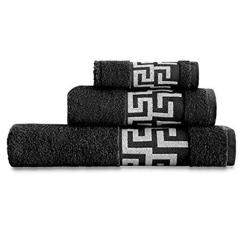 Vipalia Juego de Toallas de Baño 3 Piezas. Calidad Rizo 100% Algodón Egipcio 600 gr. Lisas. 3 Tamaños Tocador Lavabo y Ducha Sabana. Cenefa Dibujo Cesar. Color Negro