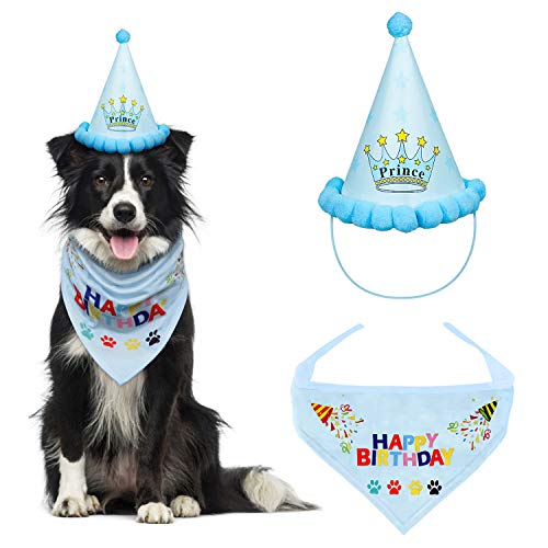 VIPITH Bandana de cumpleaños para perro, bufanda triángulo de algodón con lindo sombrero de fiesta de cumpleaños para perritos, gran disfraz de cumpleaños para perro, regalo y decoración de fiesta