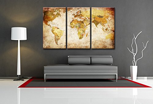 Visario Mapa del Mundo Imagen sobre Lienzo Tres Piezas, de de Pared de imágenes, Marco de Madera y Metal Sistema para Colgar, Beige Vintage, 120 x 80 x 1.0 cm