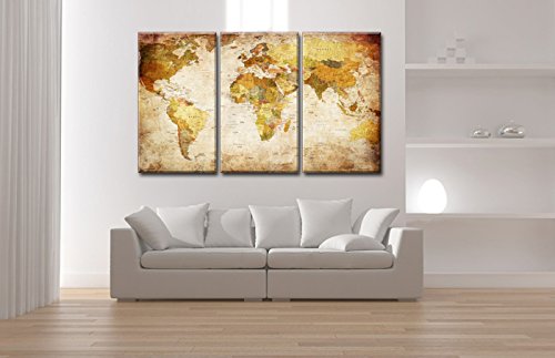 Visario Mapa del Mundo Imagen sobre Lienzo Tres Piezas, de de Pared de imágenes, Marco de Madera y Metal Sistema para Colgar, Beige Vintage, 120 x 80 x 1.0 cm