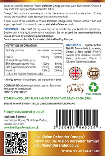 VISION DEFENDER OMEGA Suplemento para los ojos: para la salud ocular y ojos secos, aceite de pescado Omega-3 puro de alta resistencia de 1000 mg (400 mg de EPA, 200 mg de DHA por cápsula) 60 cápsulas