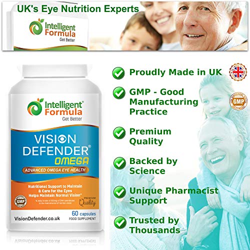 VISION DEFENDER OMEGA Suplemento para los ojos: para la salud ocular y ojos secos, aceite de pescado Omega-3 puro de alta resistencia de 1000 mg (400 mg de EPA, 200 mg de DHA por cápsula) 60 cápsulas