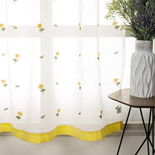 VISTE TU HOGAR Cortina Corta para Cocina de Visilo, Estilo Simple y Elegante 140 x 145cm, Flores Amarillas