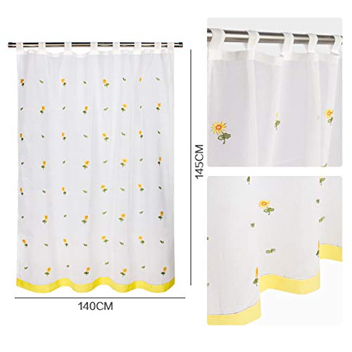VISTE TU HOGAR Cortina Corta para Cocina de Visilo, Estilo Simple y Elegante 140 x 145cm, Flores Amarillas