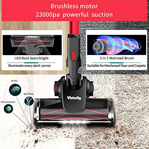Vistefly VX Aspiradora sin Cable, 23kPA Potente, 250W, Batería Extraíble 2200mAh, 3 Niveles de Succión, 1.2L, Aspiradora de Mano sin Bolsa 2 en 1, Filtro HEPA, Cepillos con LED