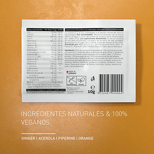 Vit2go IMMUNITY (30 sobres) - Refuerzo con vitaminas (A, B, C, D y K), Zinc y extracto de jengibre. La vitamina C y el zinc contribuyen a la función normal del sistema inmunológico