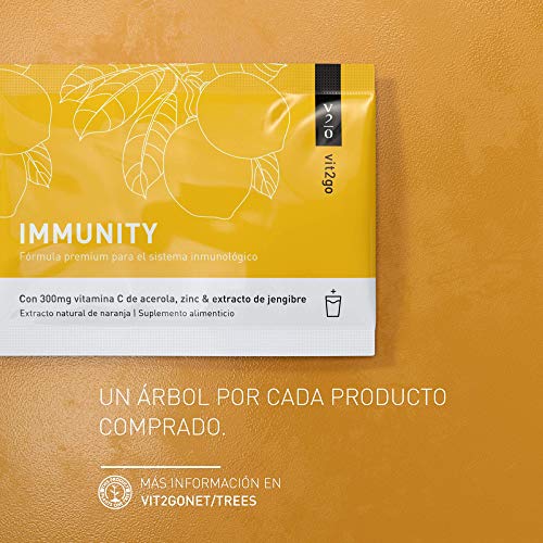 Vit2go IMMUNITY (30 sobres) - Refuerzo con vitaminas (A, B, C, D y K), Zinc y extracto de jengibre. La vitamina C y el zinc contribuyen a la función normal del sistema inmunológico