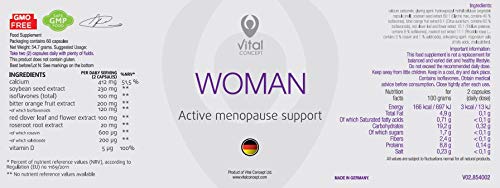 Vital Concept Woman - Apoyo efectivo para la menopausia. 100 mg de isoflavona. Extractos de soja, trébol rojo, Rhodiola Rosea. Ayuda con sofocos, insomnio, sudores nocturnos, dolores de cabeza. 60 gorras, 30 días