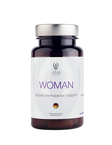 Vital Concept Woman - Apoyo efectivo para la menopausia. 100 mg de isoflavona. Extractos de soja, trébol rojo, Rhodiola Rosea. Ayuda con sofocos, insomnio, sudores nocturnos, dolores de cabeza. 60 gorras, 30 días