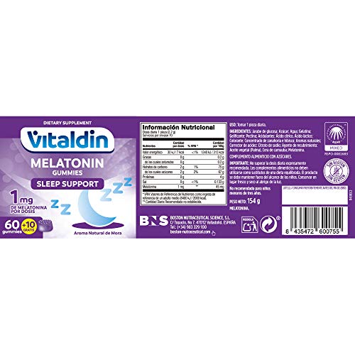 VITALDIN Melatonina gummies - 1 mg por dosis diaria - 60 gominolas + 10 gratis (suministro para 2 meses), sabor a Mora - Ayuda a Conciliar el Sueño - Sin Gluten - Apto para Niños & Adultos