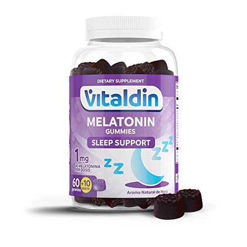 VITALDIN Melatonina gummies - 1 mg por dosis diaria - 60 gominolas + 10 gratis (suministro para 2 meses), sabor a Mora - Ayuda a Conciliar el Sueño - Sin Gluten - Apto para Niños & Adultos
