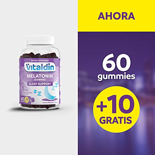 VITALDIN Melatonina gummies - 1 mg por dosis diaria - 60 gominolas + 10 gratis (suministro para 2 meses), sabor a Mora - Ayuda a Conciliar el Sueño - Sin Gluten - Apto para Niños & Adultos