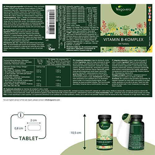 Vitamina B Complex Vegavero® | Sin Aditivos Artificiales | Con Colina e Inositol | B2 + B5 + Niacina + Piridoxina + Ácido Fólico + B12 | Vitaminas Para el Cansancio* | 180 Comprimidos