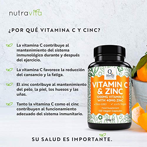 Vitamina C 1200 mg y Zinc 40 mg - 120 Cápsulas Vegetarianas - Mantener un Sistema Inmunológico Saludable - 2 Cápsulas al día - Hecho en UK por Nutravita