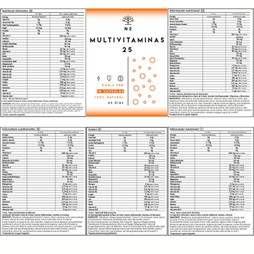 VITAMINA C y D - ALTA DOSIS. 200% del Valor Diario Recomendado. MULTIVITAMINAS Vegano con 25 Vitaminas y Minerales Zinc Magnesio Vitaminas E B6 B12 B1 - Mujer y Hombre 90 Cápsulas N2 Natural Nutrition