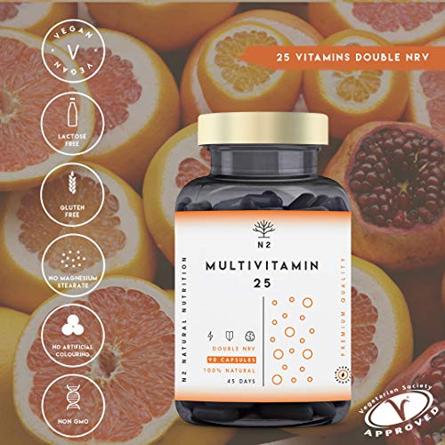 VITAMINA C y D - ALTA DOSIS. 200% del Valor Diario Recomendado. MULTIVITAMINAS Vegano con 25 Vitaminas y Minerales Zinc Magnesio Vitaminas E B6 B12 B1 - Mujer y Hombre 90 Cápsulas N2 Natural Nutrition