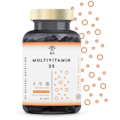 VITAMINA C y D - ALTA DOSIS. 200% del Valor Diario Recomendado. MULTIVITAMINAS Vegano con 25 Vitaminas y Minerales Zinc Magnesio Vitaminas E B6 B12 B1 - Mujer y Hombre 90 Cápsulas N2 Natural Nutrition