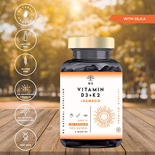 Vitamina D3 K2 DOSIS ALTA - Vitamina D3 5000iu + Vitamina K2 MK7 200 μg + Silicio - Vitaminas Hombre Mujer. Contribuye al Sistema Inmunológico Huesos y Dientes -150 Cápsulas N2 Natural Nutrition