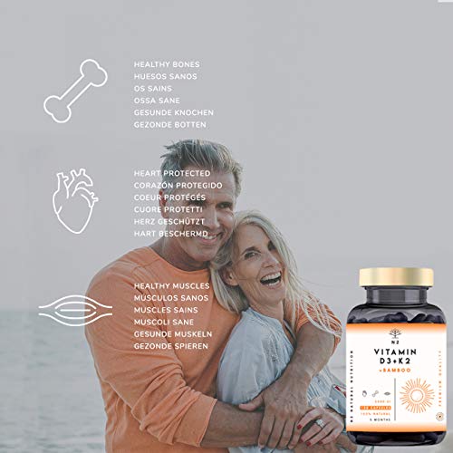 Vitamina D3 K2 DOSIS ALTA - Vitamina D3 5000iu + Vitamina K2 MK7 200 μg + Silicio - Vitaminas Hombre Mujer. Contribuye al Sistema Inmunológico Huesos y Dientes -150 Cápsulas N2 Natural Nutrition