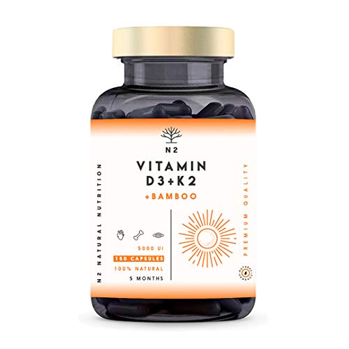 Vitamina D3 K2 DOSIS ALTA - Vitamina D3 5000iu + Vitamina K2 MK7 200 μg + Silicio - Vitaminas Hombre Mujer. Contribuye al Sistema Inmunológico Huesos y Dientes -150 Cápsulas N2 Natural Nutrition