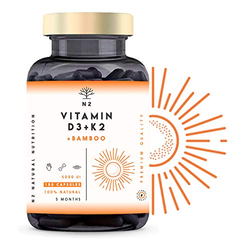 Vitamina D3 K2 DOSIS ALTA - Vitamina D3 5000iu + Vitamina K2 MK7 200 μg + Silicio - Vitaminas Hombre Mujer. Contribuye al Sistema Inmunológico Huesos y Dientes -150 Cápsulas N2 Natural Nutrition