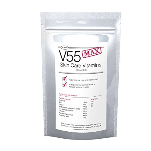 Vitaminas Para el Cuidado de la Piel V55 MAX Para Granos y Puntos Negros 30 Días Para Una Piel Limpia 60 Cápsulas (Suministro Para 60 Días)