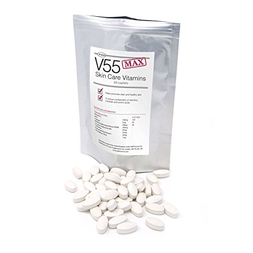 Vitaminas Para el Cuidado de la Piel V55 MAX Para Granos y Puntos Negros 30 Días Para Una Piel Limpia 60 Cápsulas (Suministro Para 60 Días)