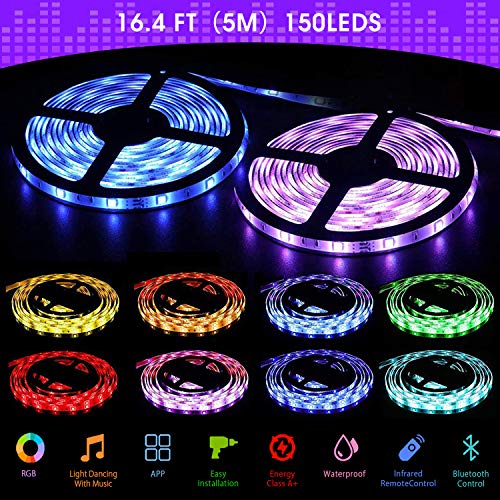 VITCOCO 5M Tira LED Bluetooth, LED Strip 5050 RGB de Impermeable Flexibles Multicolor 300 LEDs Strip Con Mando a Distancia y Adaptador Corriente Para TV/Fiestas