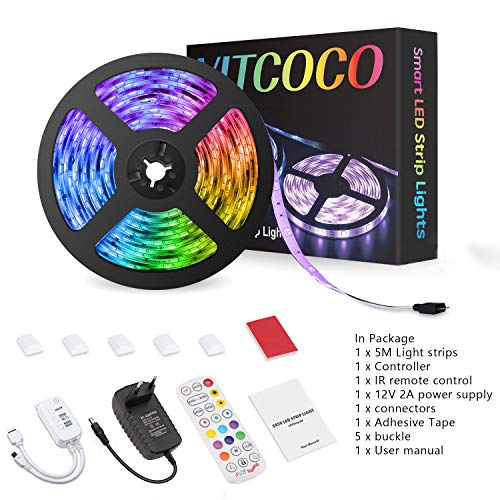 VITCOCO 5M Tira LED Bluetooth, LED Strip 5050 RGB de Impermeable Flexibles Multicolor 300 LEDs Strip Con Mando a Distancia y Adaptador Corriente Para TV/Fiestas