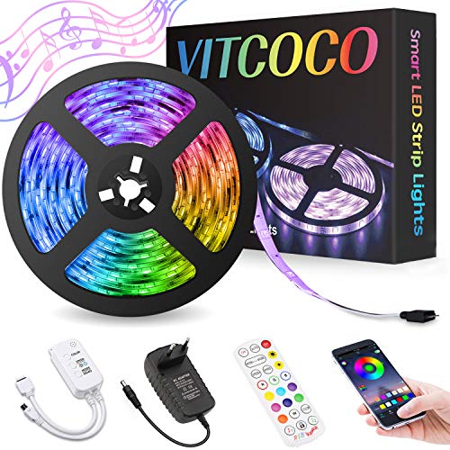 VITCOCO 5M Tira LED Bluetooth, LED Strip 5050 RGB de Impermeable Flexibles Multicolor 300 LEDs Strip Con Mando a Distancia y Adaptador Corriente Para TV/Fiestas