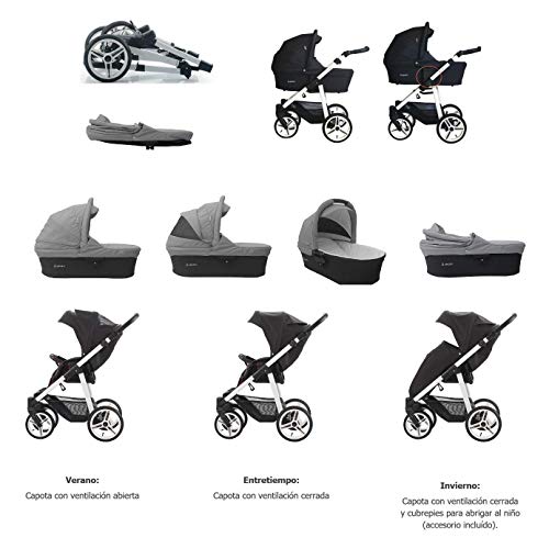 Vizaro ONYX 2020 Dúo 2 en 1 - Cochecito Bebé GAMA ALTA - MARCA ESPAÑOLA - Ligero y funcional - Garantía 3 Años - Textil NEGRO Chasis BLANCO
