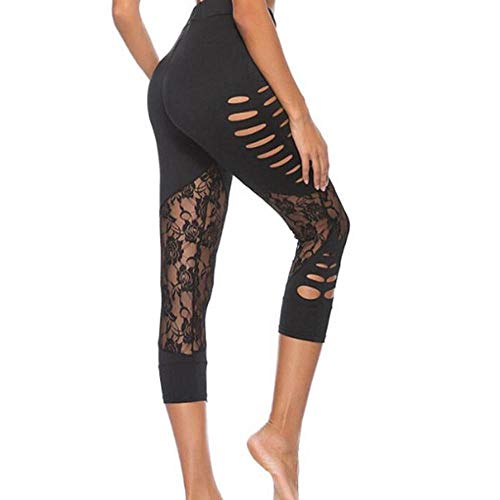 VJGOAL Moda Casual de Verano de Las Mujeres Sexy Costura de Encaje Hueco Pantalones de Yoga Correr Pilates Fitness Pantalones Elasticidad Transpirable Pantalones de chándal Leggings(Large,Negro)