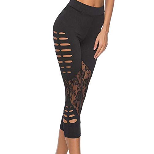 VJGOAL Moda Casual de Verano de Las Mujeres Sexy Costura de Encaje Hueco Pantalones de Yoga Correr Pilates Fitness Pantalones Elasticidad Transpirable Pantalones de chándal Leggings(Large,Negro)