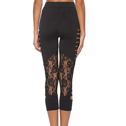 VJGOAL Moda Casual de Verano de Las Mujeres Sexy Costura de Encaje Hueco Pantalones de Yoga Correr Pilates Fitness Pantalones Elasticidad Transpirable Pantalones de chándal Leggings(Large,Negro)